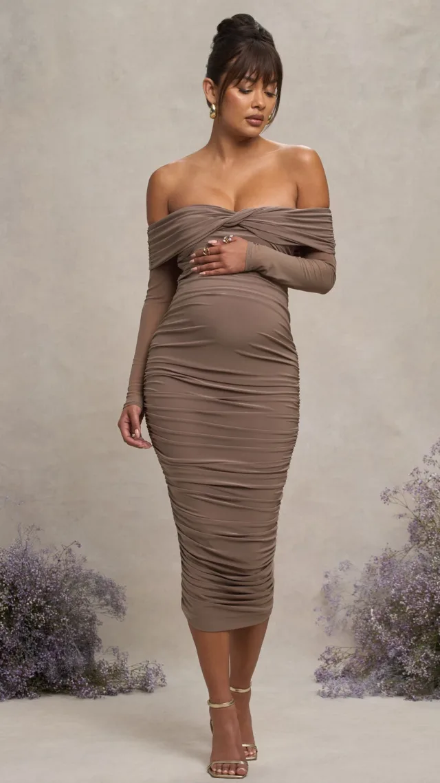 Mocha Bardot Twist Maternity Midi Dress