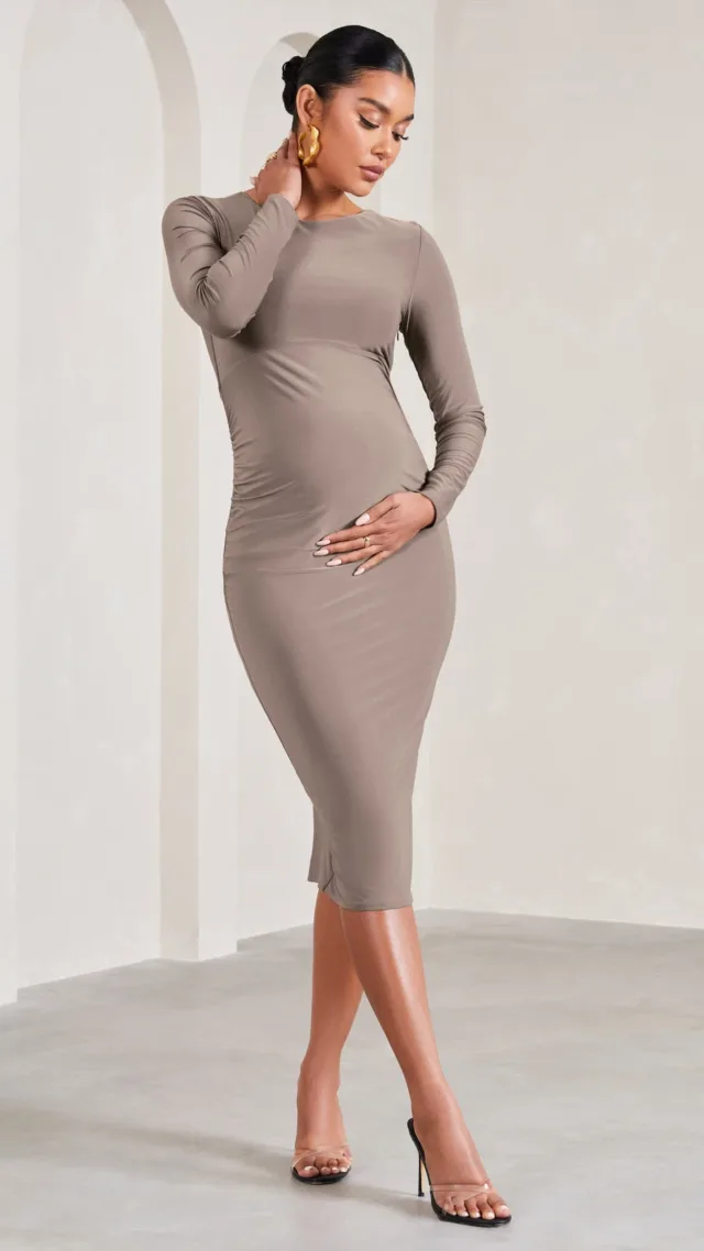 Mocha Long-Sleeved Maternity Midi Dress