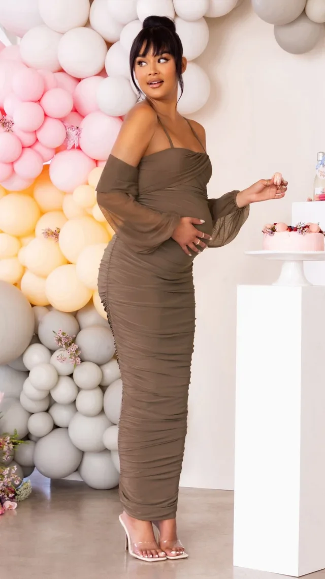 Mocha Maternity Bardot Ruched Maxi Dress