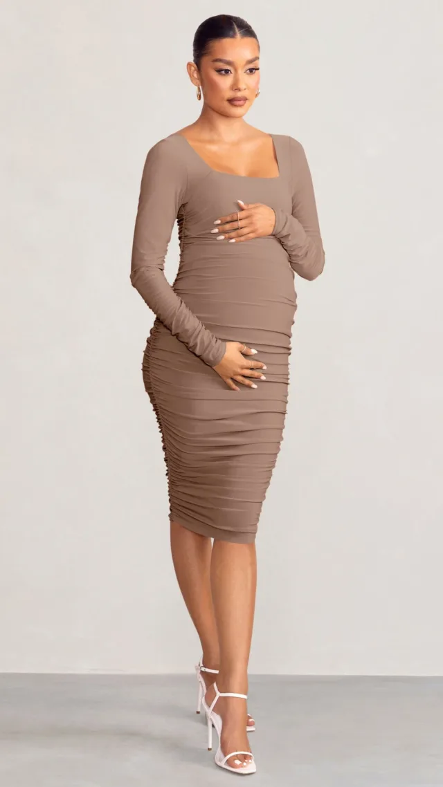 Mocha Maternity Square Neck Ruched Midi Dress