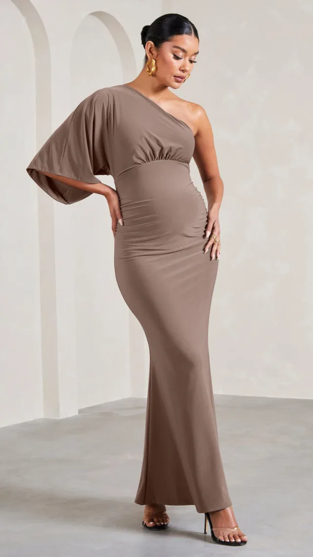 Mocha Ruched Asymmetric One-Shoulder Maternity Maxi Dress