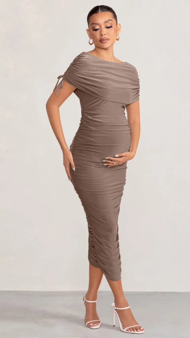 Mocha Ruched Bardot Maternity Midi Dress