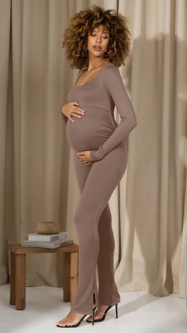 Mocha Square-Neck Slim-Leg Maternity Jumpsuit