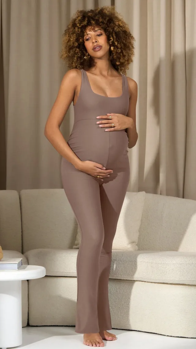 Mocha Square-Neck Slim-Leg Maternity Jumpsuit