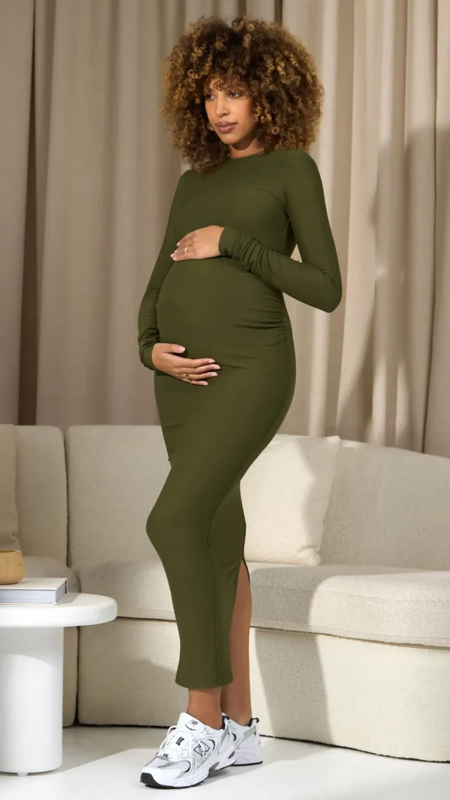 Moss Green Bodycon Long-Sleeve Maternity Maxi Dress