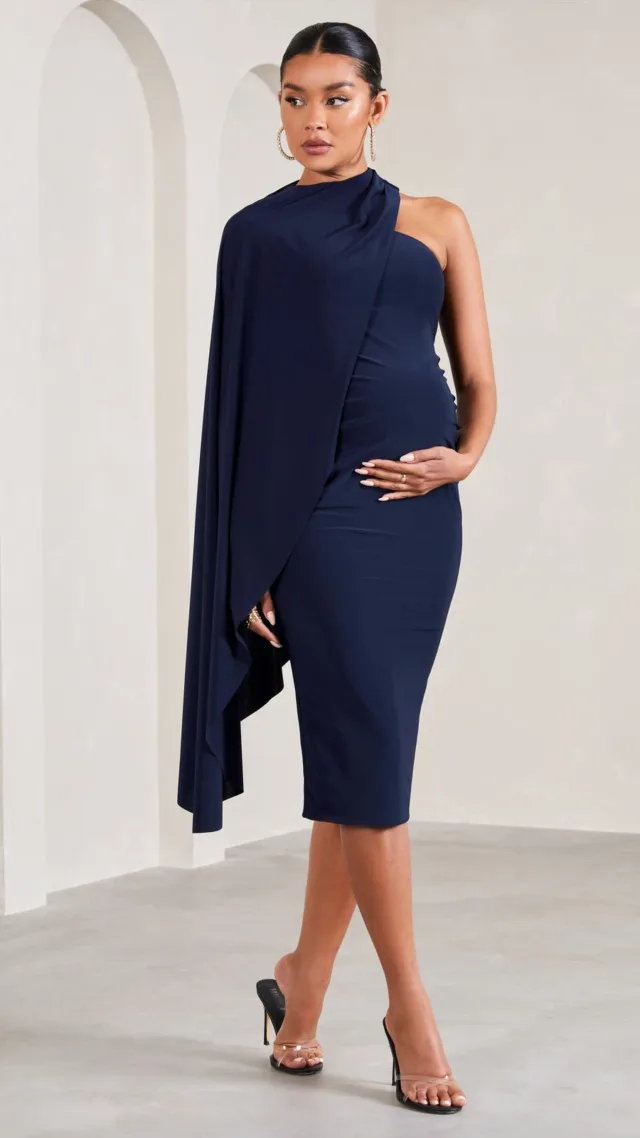 Navy Asymmetric Maternity Midi Dress With Cape