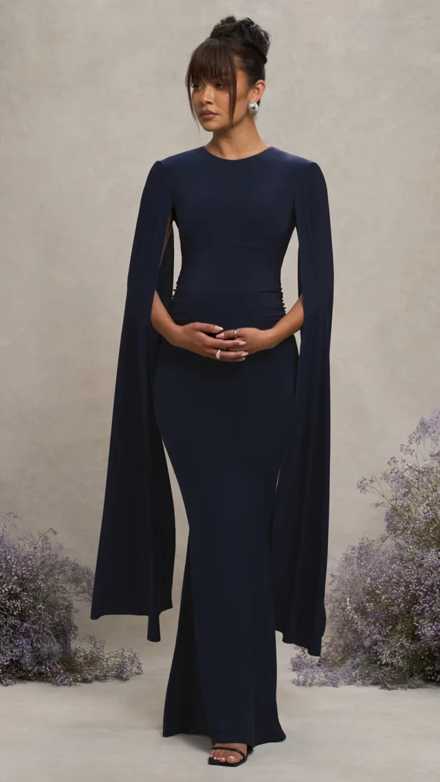 Navy Maternity Maxi Dress With Cape Sleeves