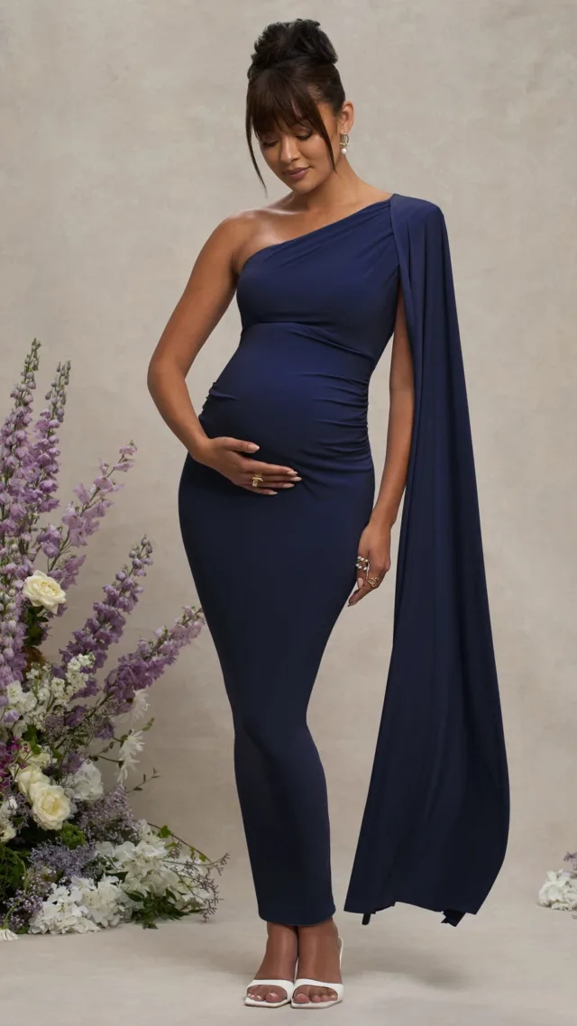 Navy Maternity One Shoulder Maxi Dress With Cape Sleeve