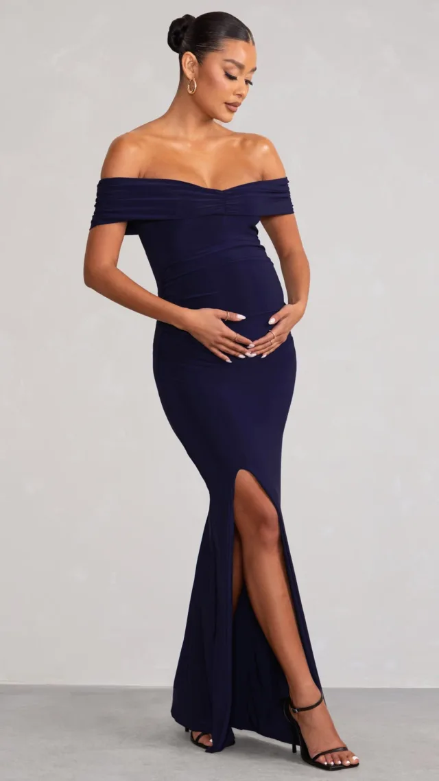 Navy Maternity Ruched Bardot Split Hem Maxi Dress