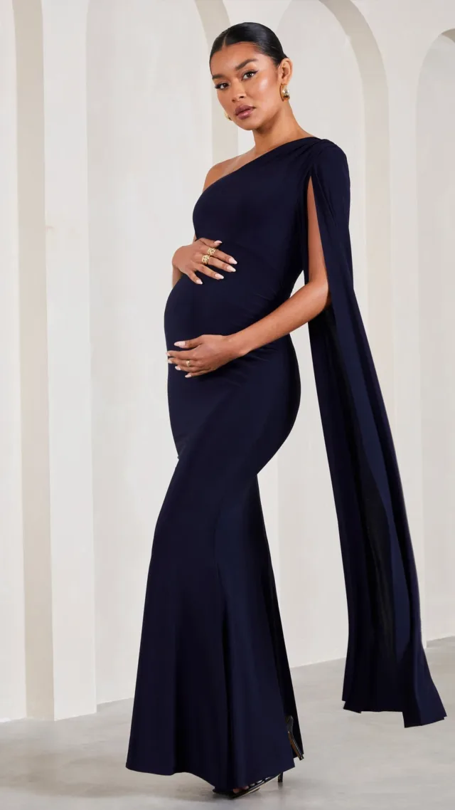 Navy One-Shoulder Maternity Maxi Dress With Cape