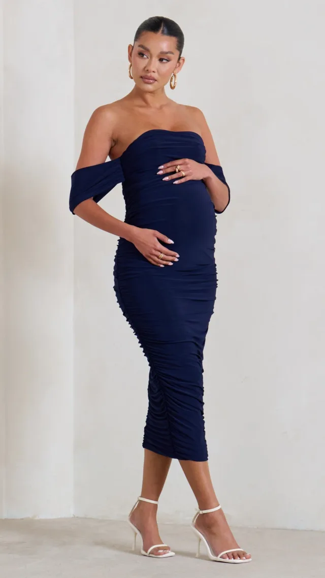 Navy Ruched Bardot Midi Dress