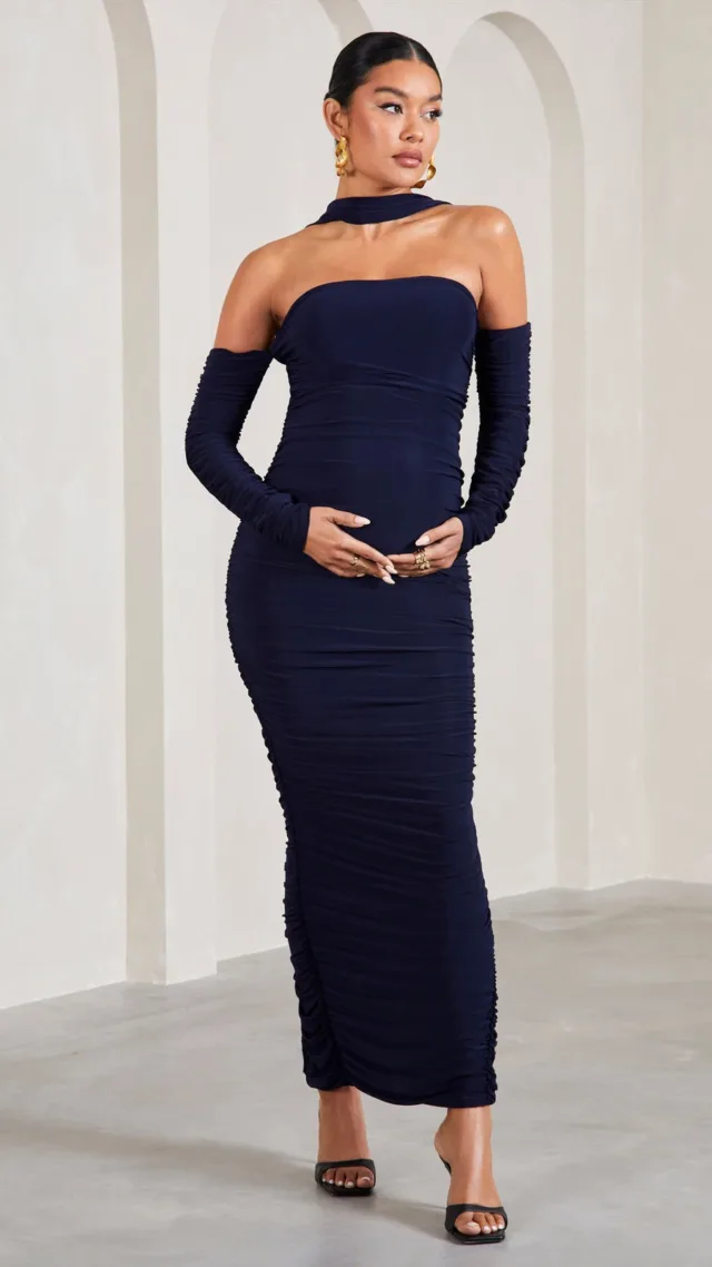 Navy Ruched Long-Sleeved Maternity Maxi Dress With Halter Collar