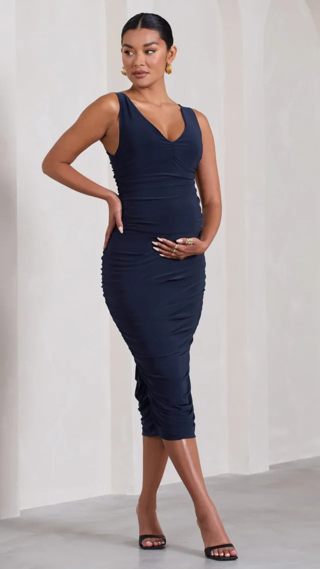 Navy Ruched Scoop-Neck Sleeveless Maternity Midi Dress