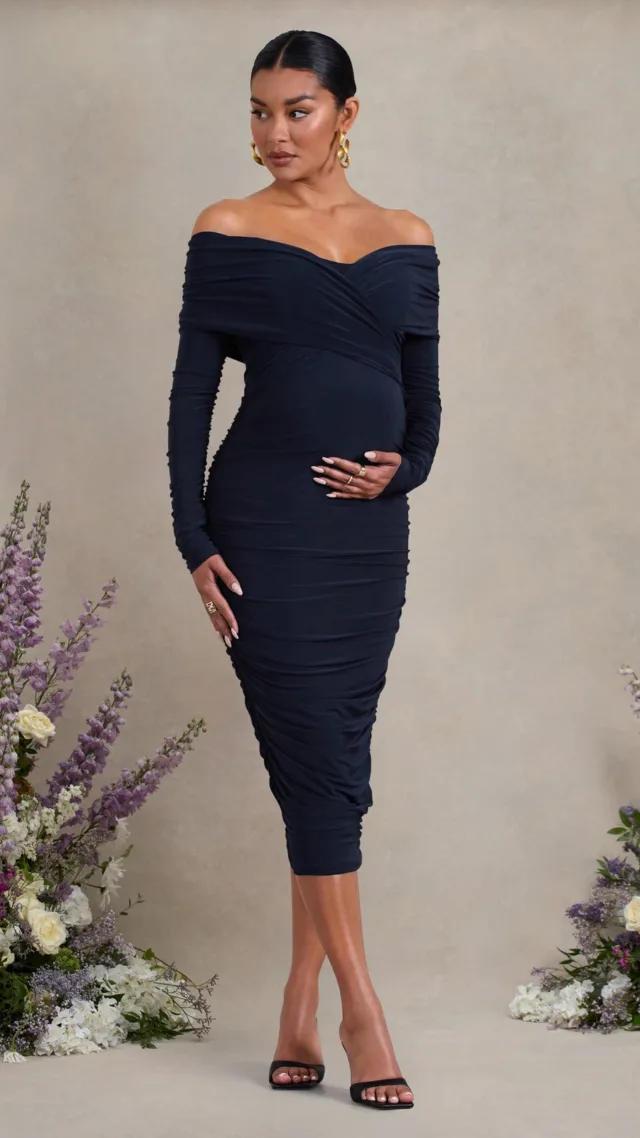 Navy Ruched Twist Bardot Long-Sleeve Maternity Midi Dress