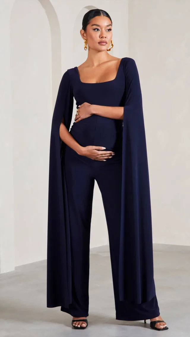 Navy Square-Neck Straight-Leg Maternity Jumpsuit With Cape Sleeves