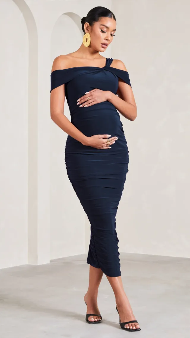 Navy Strappy Asymmetric Maternity Midi Dress