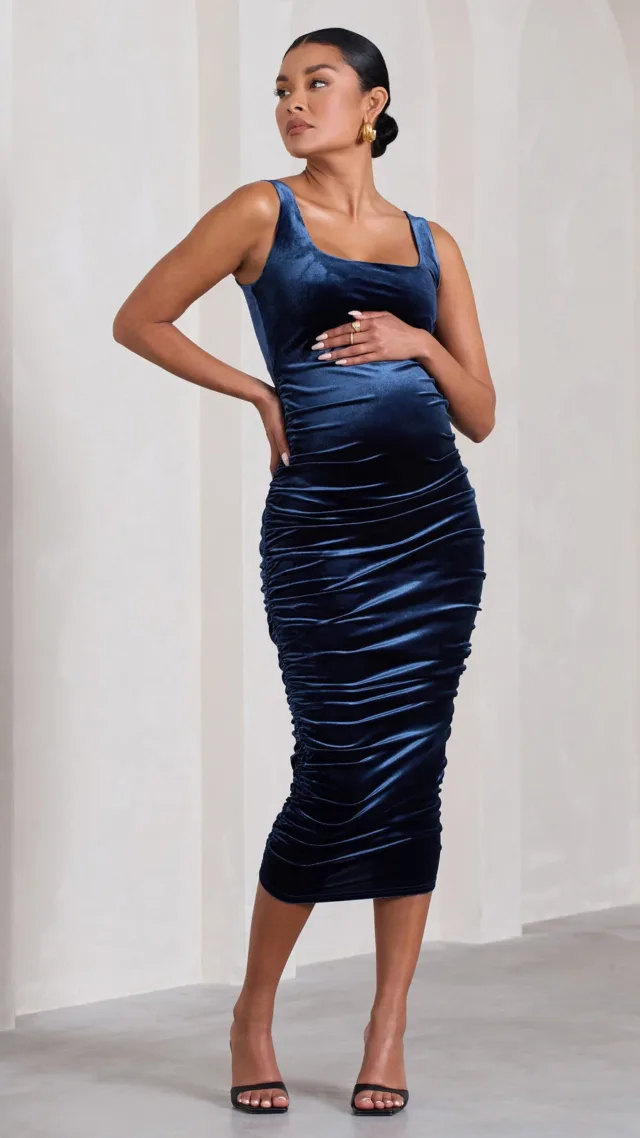 Navy Velvet Maternity Square Neck Ruched Midi Dress