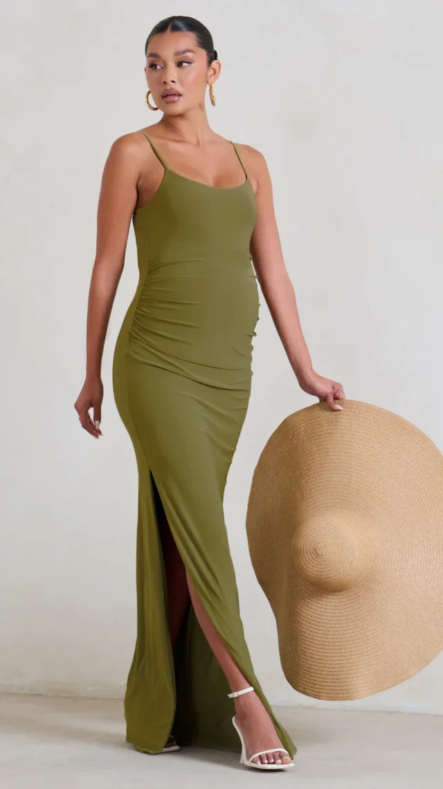 Olive Green Maternity Cami Maxi Dress With Split