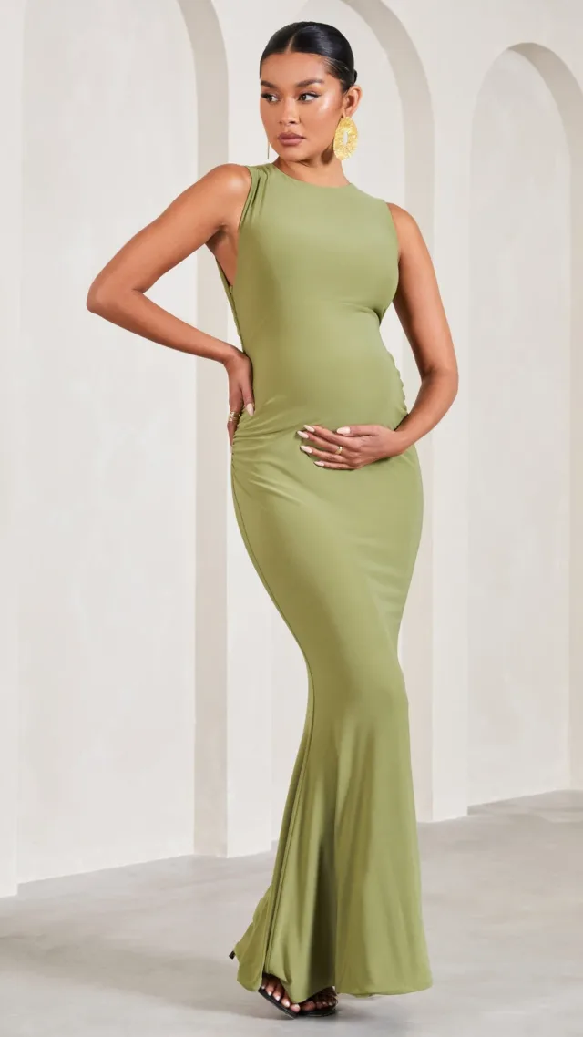 Olive Ruched Sleeveless Open-Back Maternity Maxi Dress