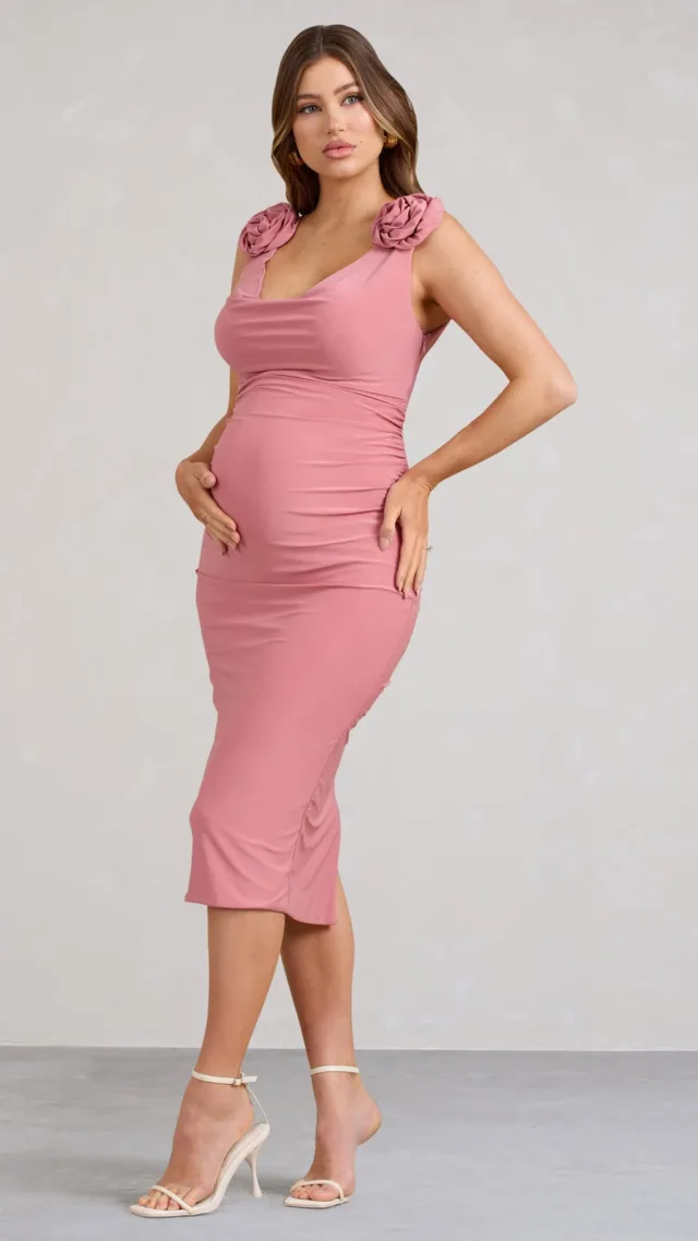 Pink Cowl-Neck Maternity Midi Dress With Flowers