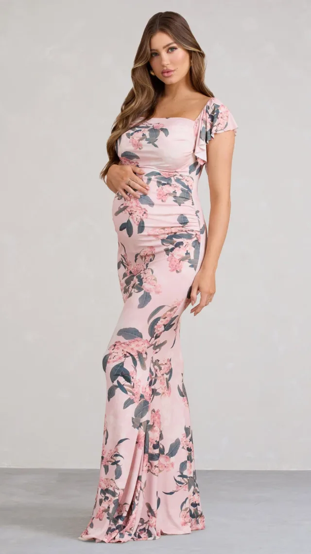 Pink Floral Asymmetric Maternity Maxi Dress