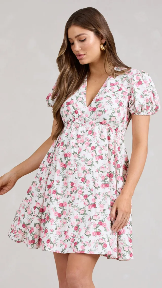 Pink Floral Maternity V-Neck Puff-Sleeved Buttoned Mini Dress