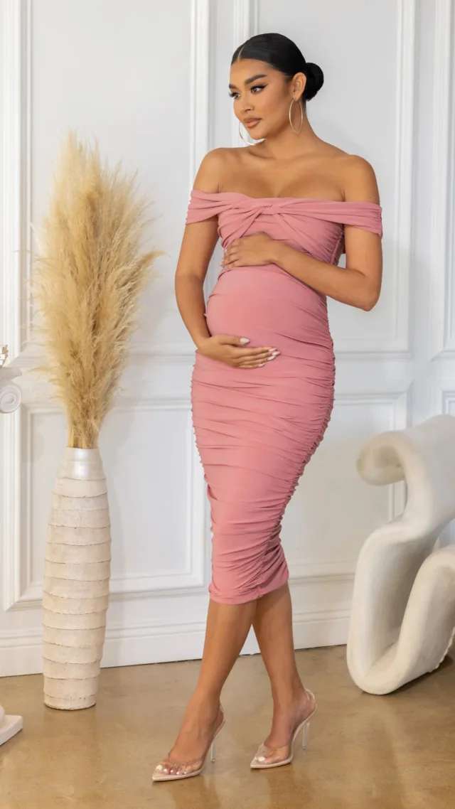 Pink Maternity Bardot Knot Ruched Midi Dress