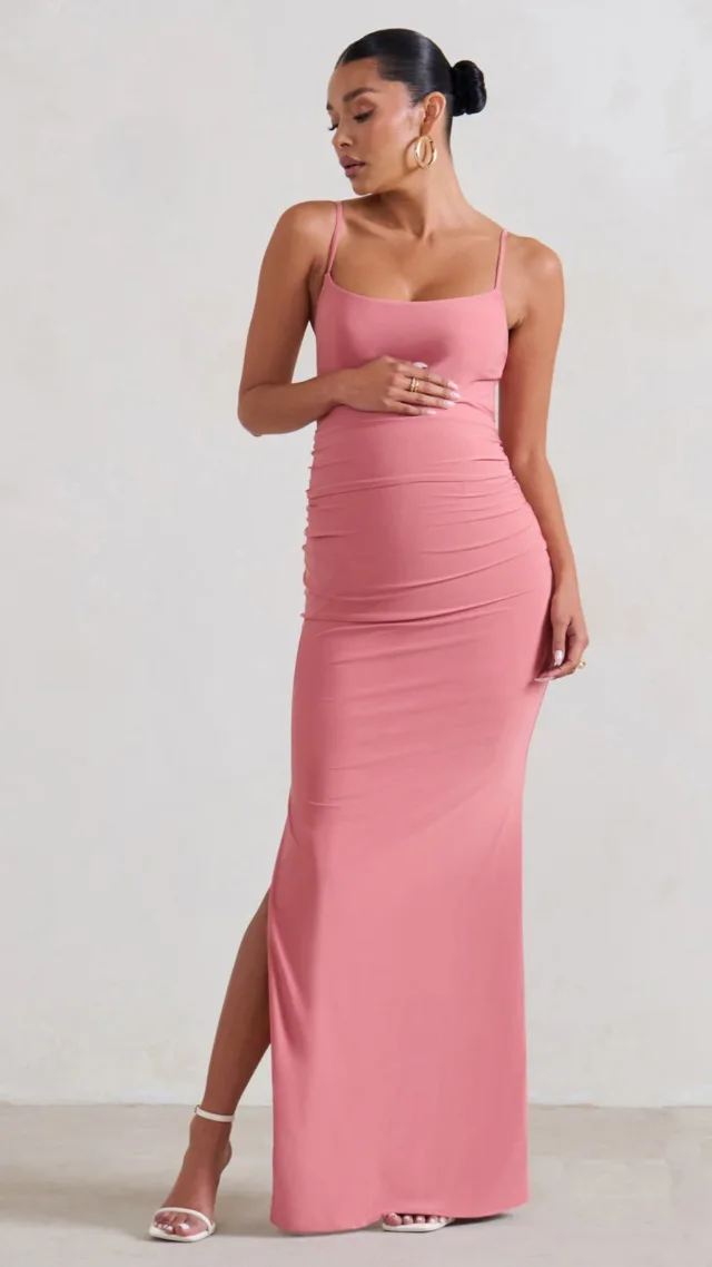 Pink Maternity Cami Maxi Dress With Split