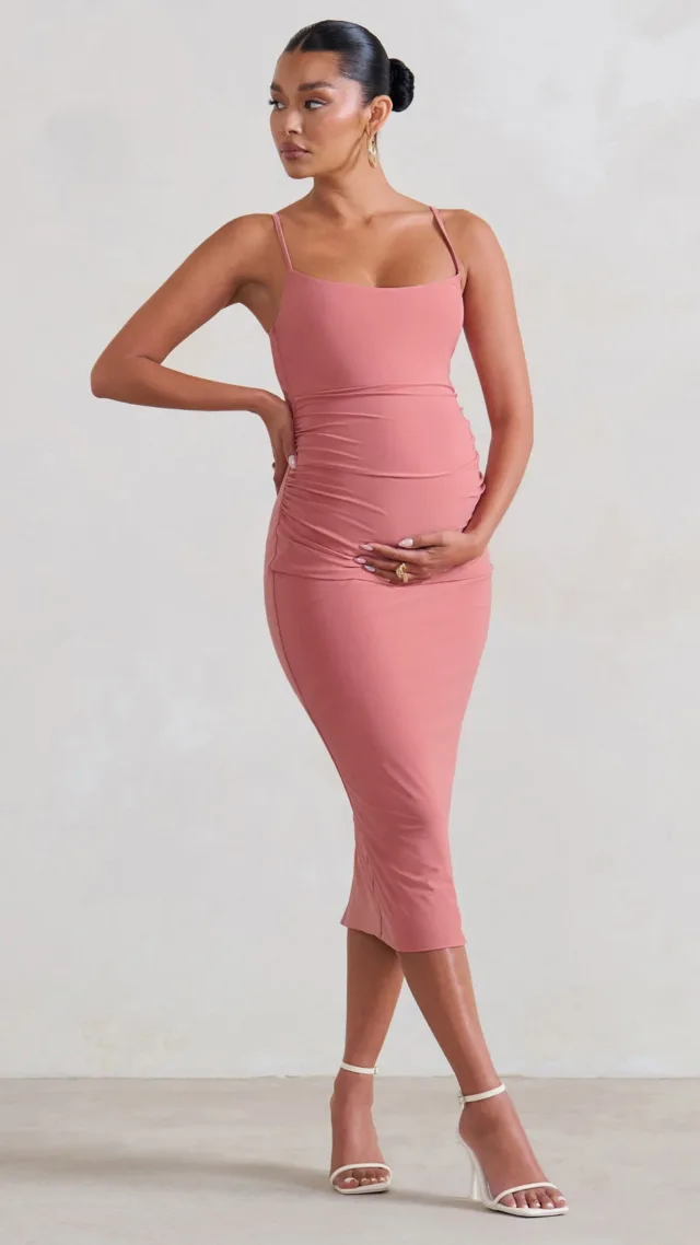 Pink Maternity Cami Midi Dress With Split