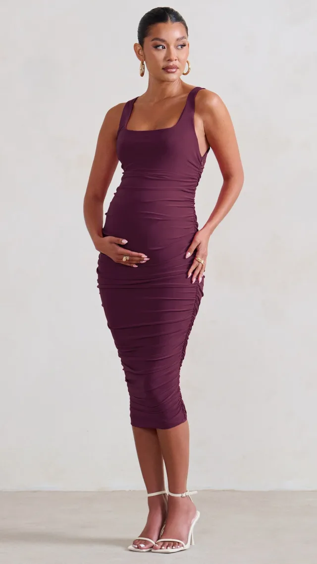 Plum Maternity Square Neck Ruched Midi Dress