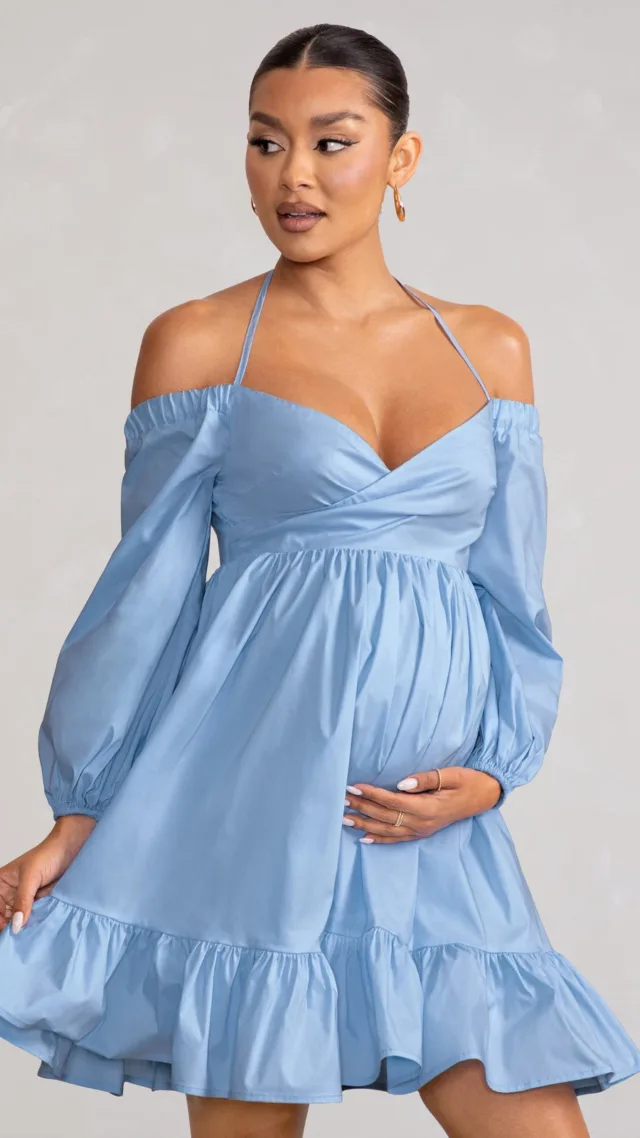 Powder Blue Babydoll Maternity Mini Dress With Long Cold Shoulder Puff Sleeves