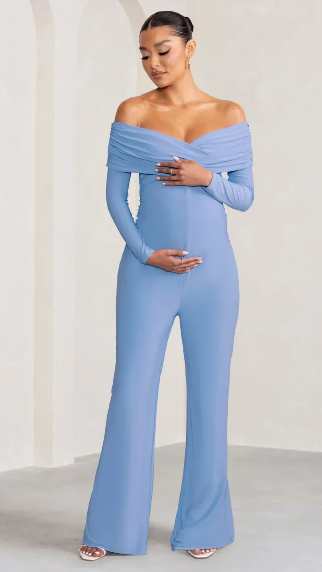 Powder Blue Bardot Maternity Jumpsuit With Long Sleeves