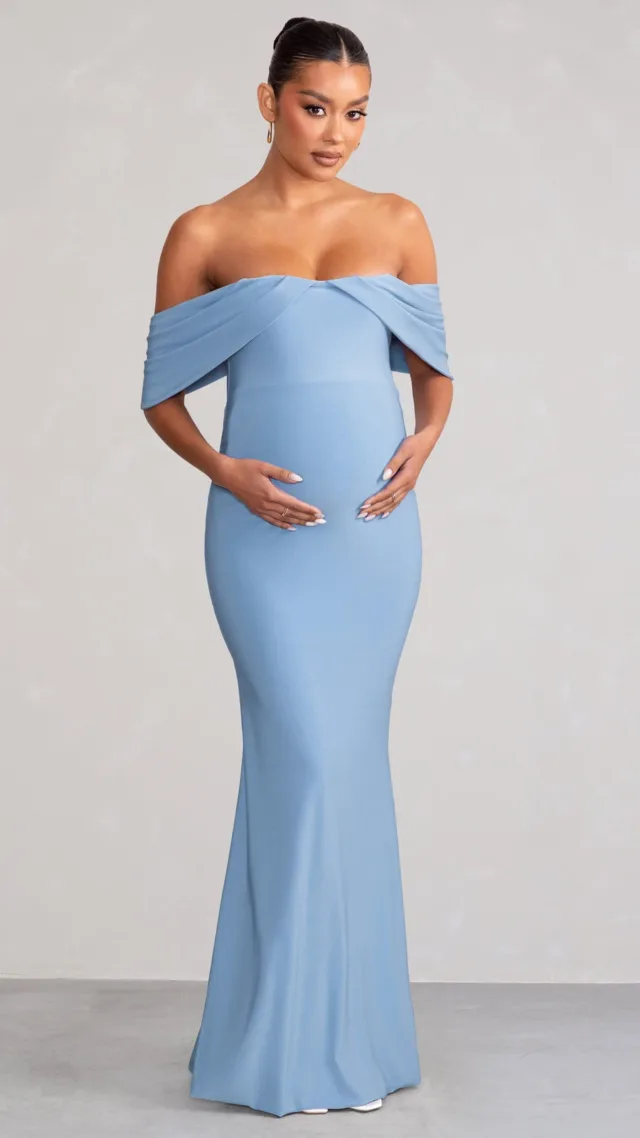 Powder Blue Draped Sleeve Bardot Maternity Maxi Dress