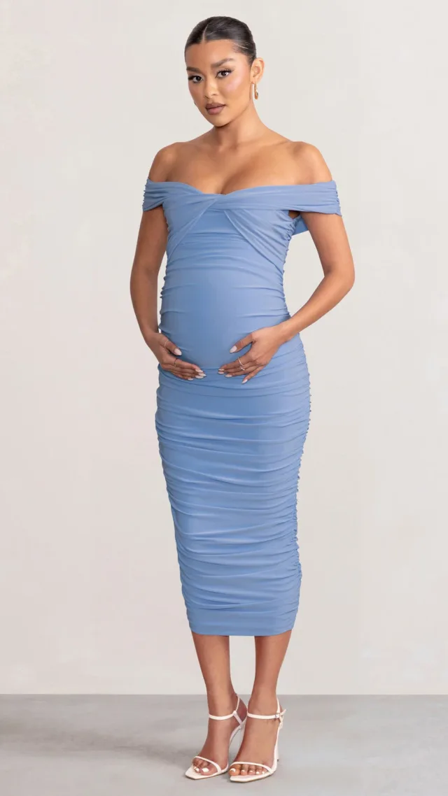 Powder Blue Maternity Bardot Knot Ruched Midi Dress