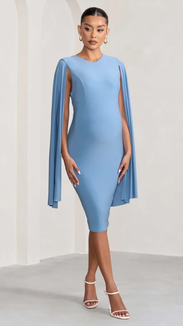 Powder Blue Maternity Cape Sleeve Midi Dress