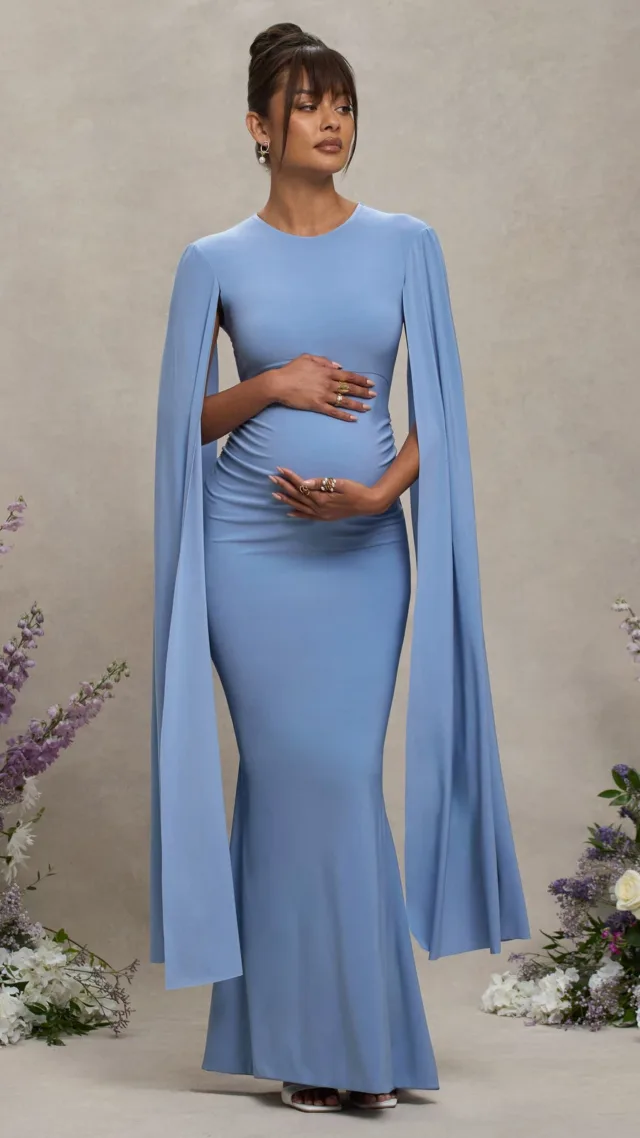 Powder Blue Maternity Maxi Dress With Cape Sleeves