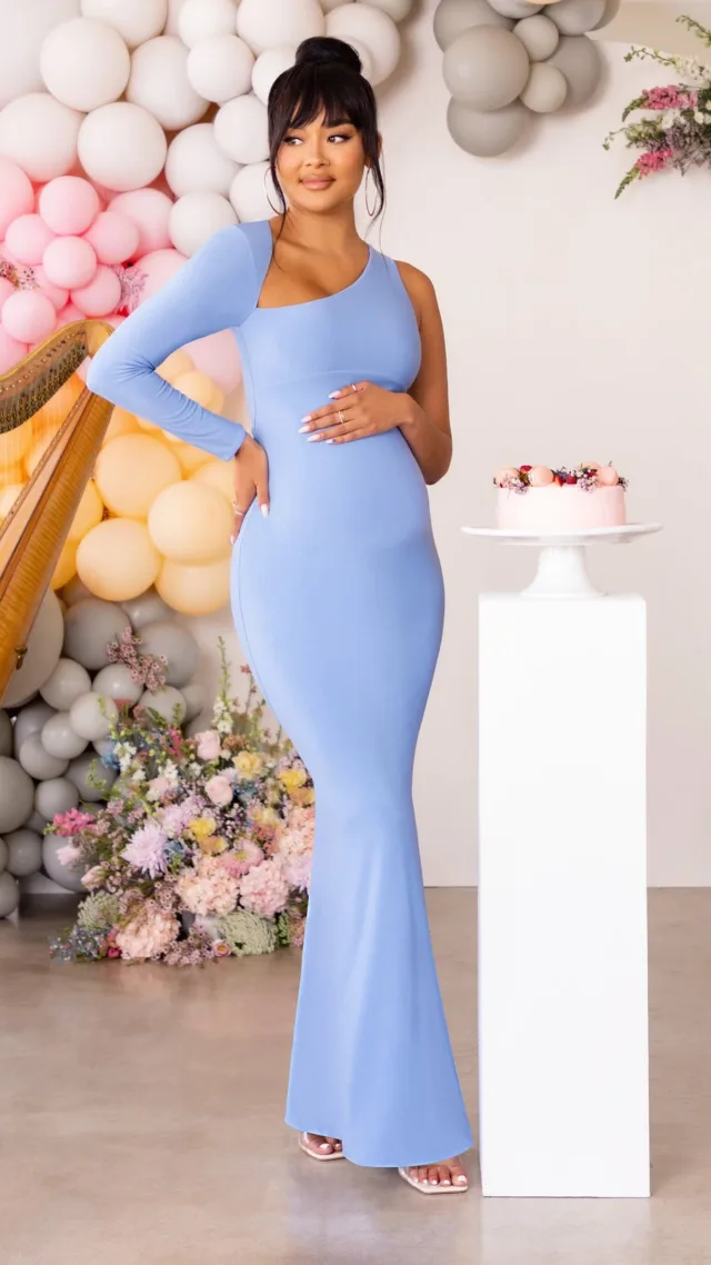 Powder Blue Maternity One Shoulder Bodycon Maxi Dress