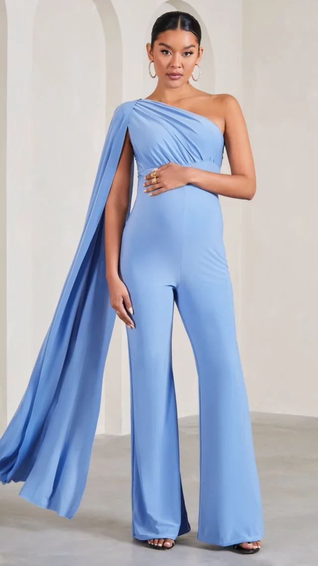 Powder Blue Maternity One Shoulder Cape Jumpsuit