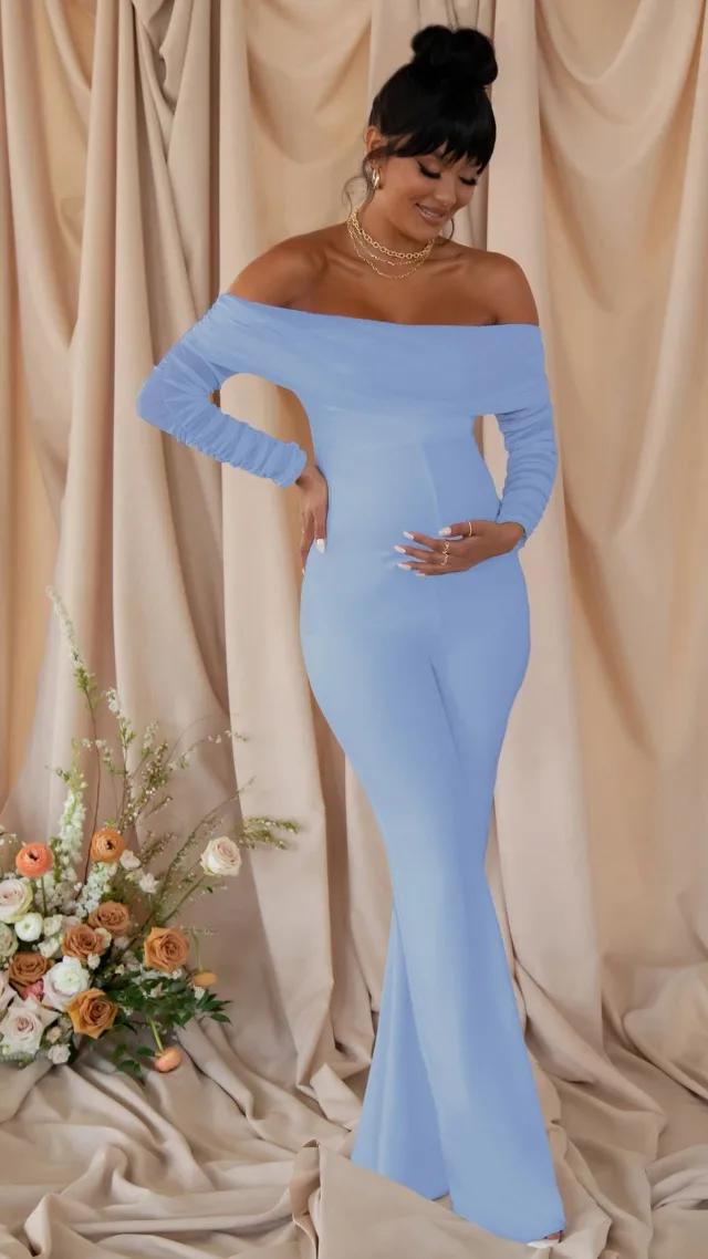 Powder Blue Maternity Ruched Mesh Bardot Jumpsuit