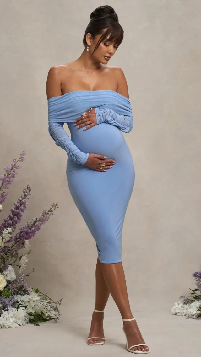 Powder Blue Maternity Ruched Mesh Bardot Midi Dress