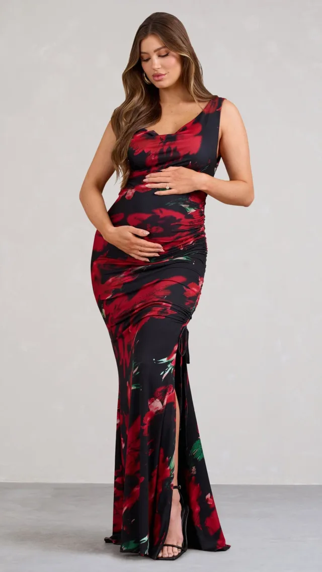 Red Floral Asymmetric Split Maternity Maxi Dress