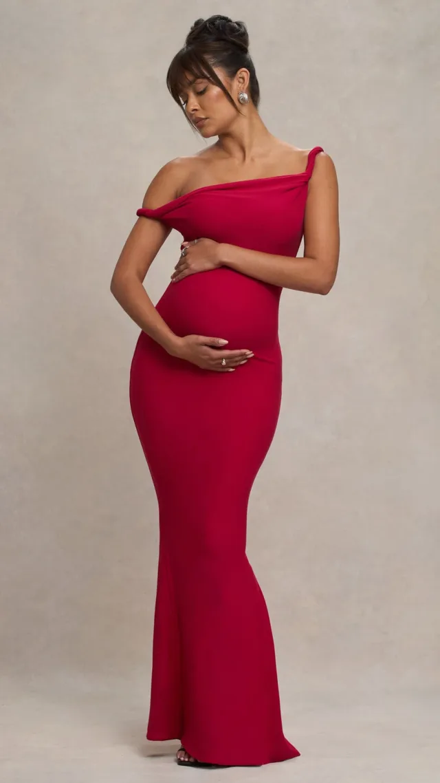 Red Twisted Asymmetric Maternity Maxi Dress