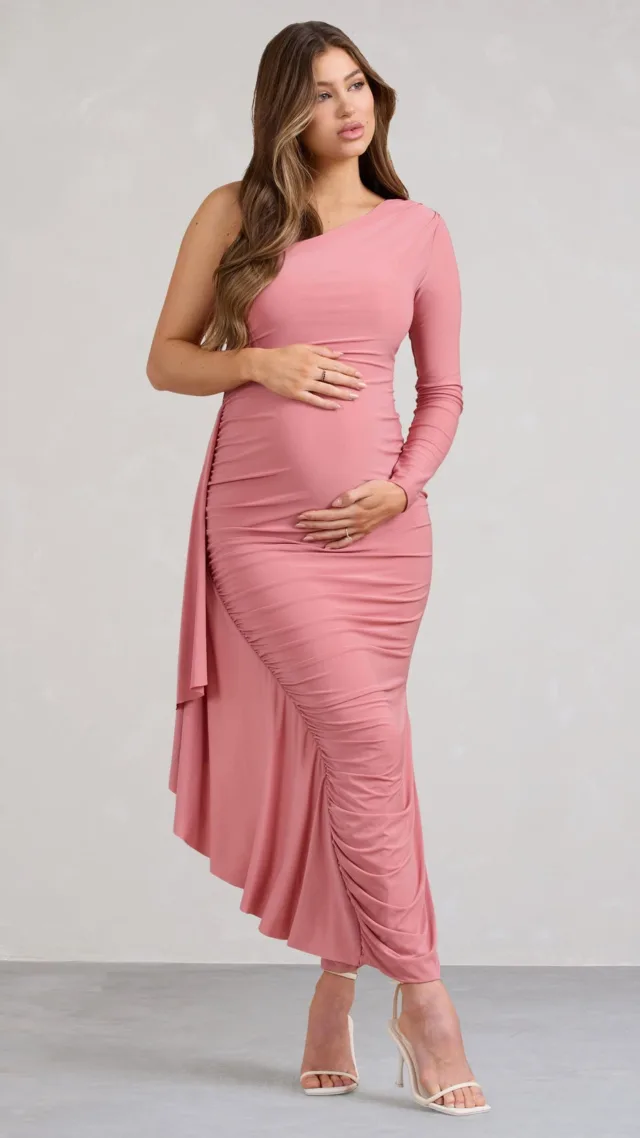 Rose Pink Maternity One Shoulder Ruched Side Detail Maxi Dress