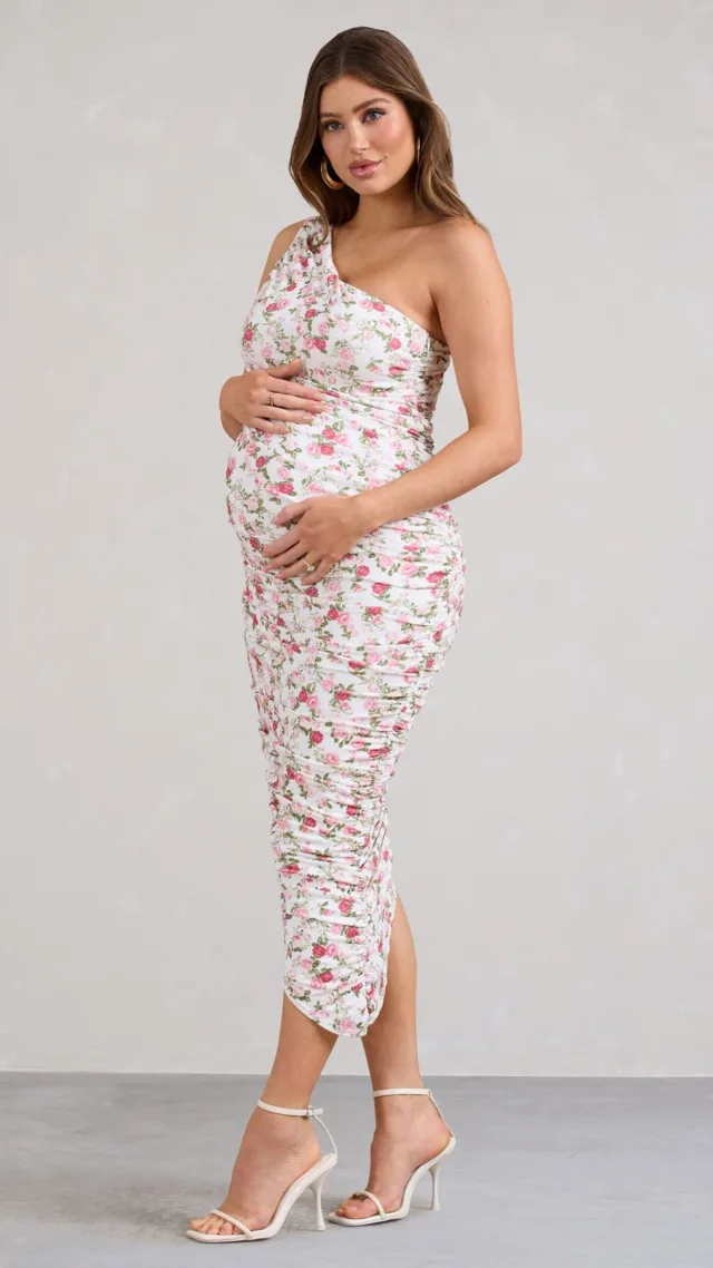 Rose Printed Maternity Ruched One Shoulder Midi Dress