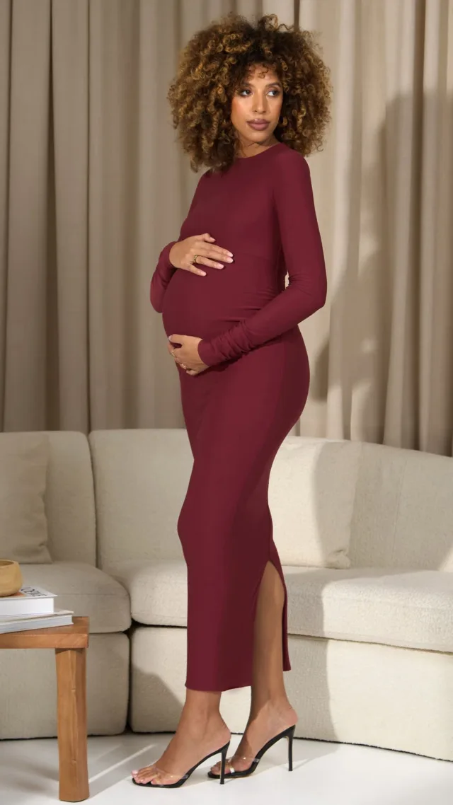 Vintage Berry Bodycon Long-Sleeve Maternity Maxi Dress