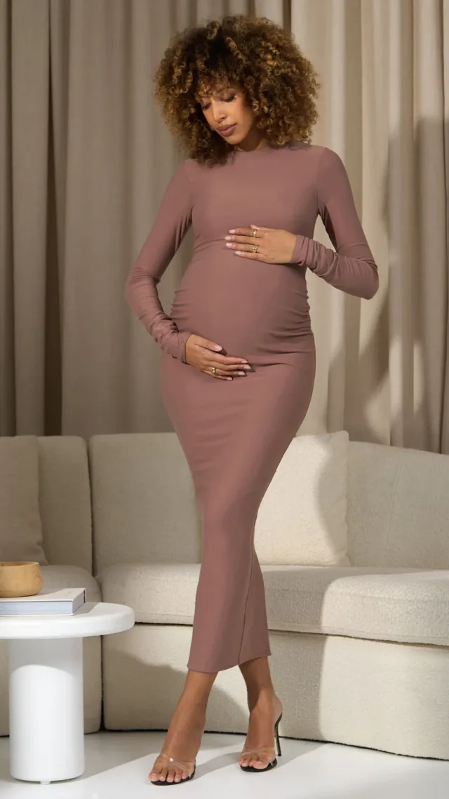 Warm Taupe Bodycon Long-Sleeve Maternity Maxi Dress