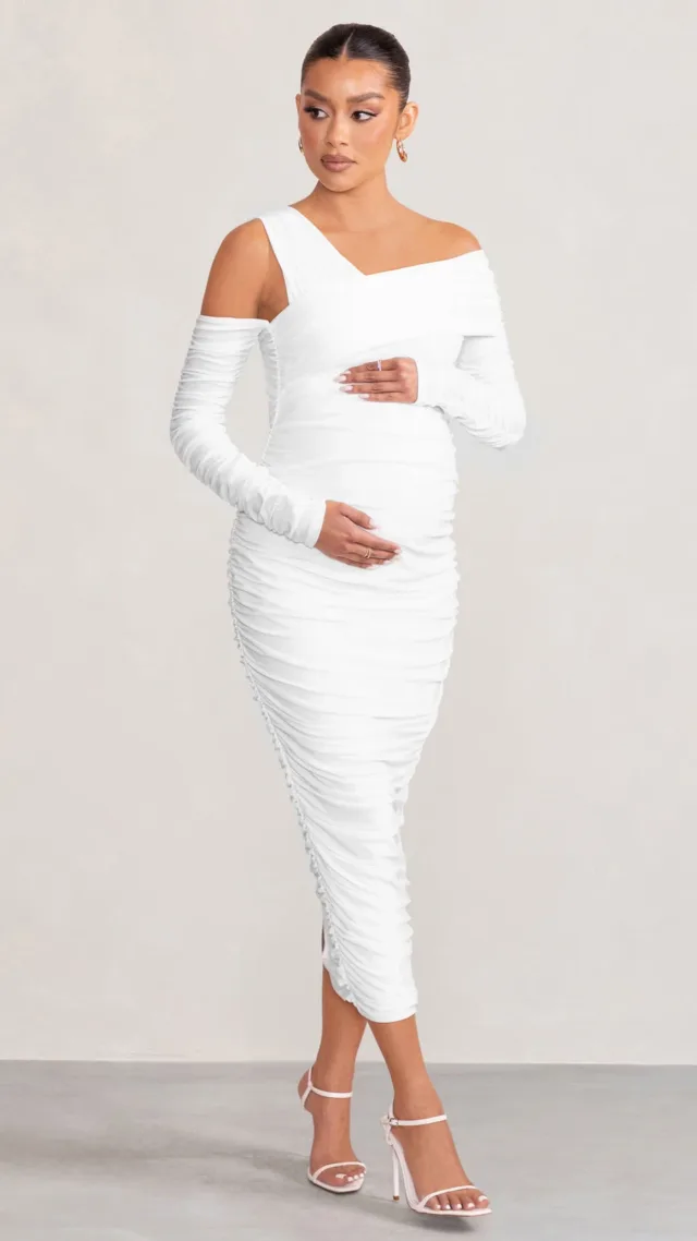 White Asymmetric Bardot Maternity Midi Dress With Sleeves