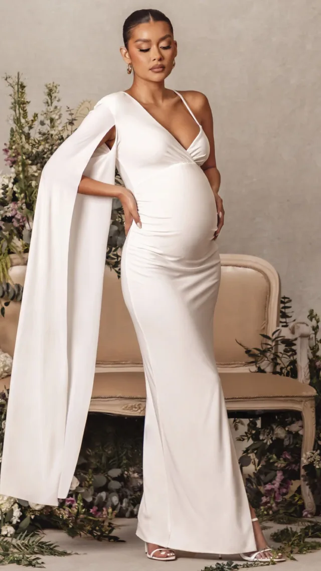 White Asymmetric Plunge Maternity Maxi Dress With Cape Sleeve