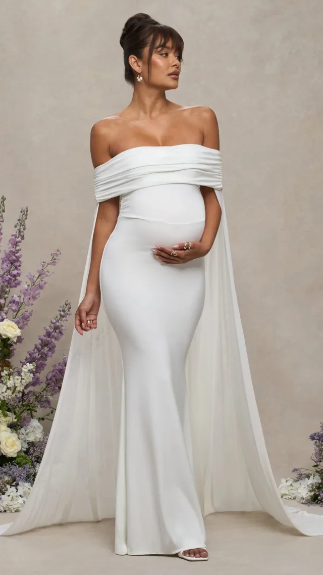 White Bardot Maternity Maxi Dress With Chiffon Cape