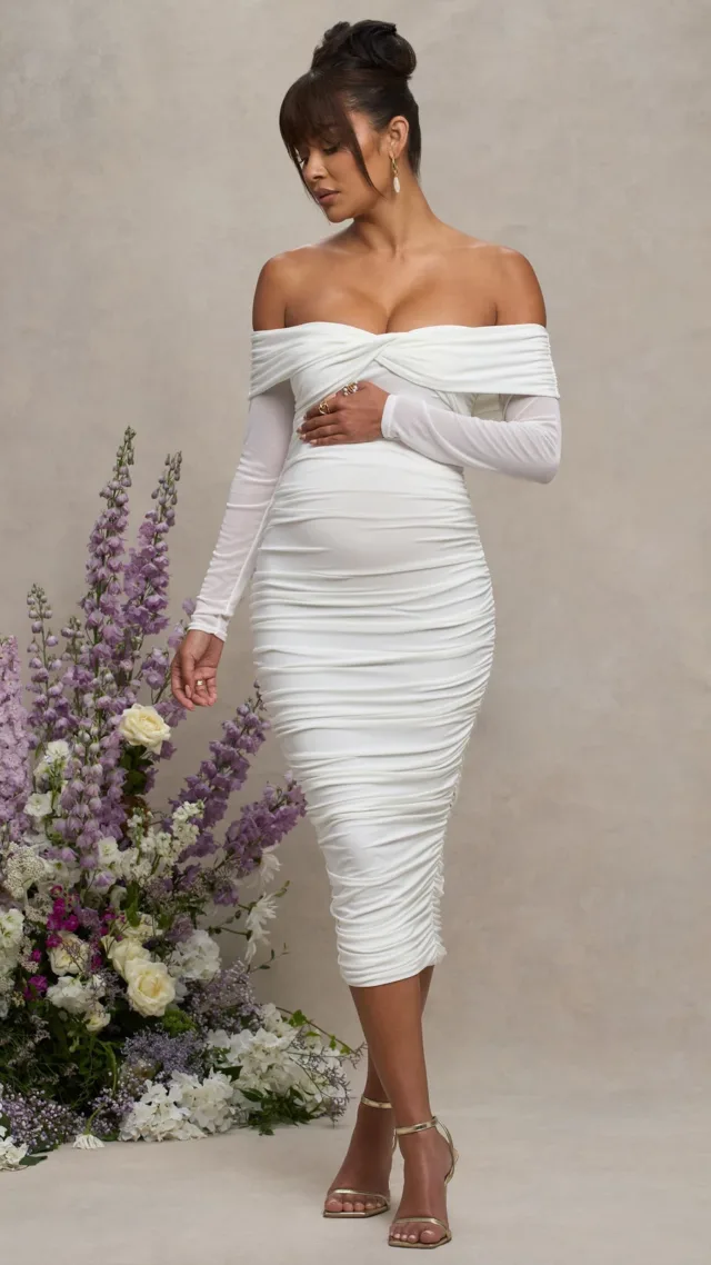 White Bardot Twist Maternity Midi Dress